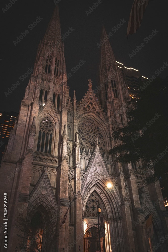 Low-angle vertical shot of the Cologne Cathedral in Germany at night
