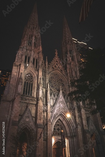 Low-angle vertical shot of the Cologne Cathedral in Germany at night