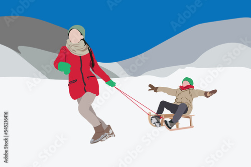 Two children playing with a sled in the snow wearing jacket. Illustration of places and activities on vacation when winter arrives in the mountains.