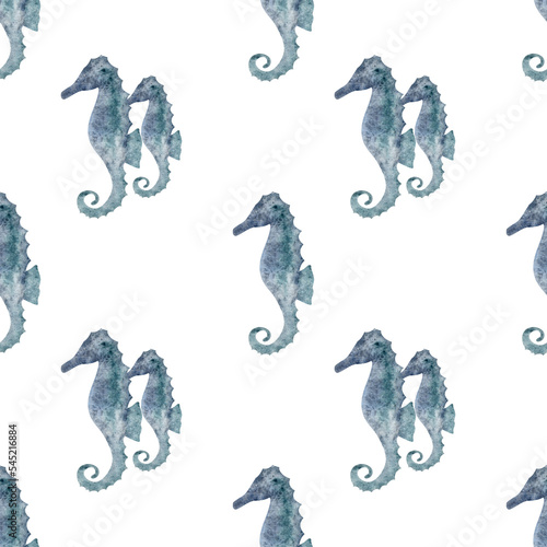 Watercolor seamless pattern (sea horse) on isolated background. For greeting cards, stationery, wrapping paper, wallpaper, splash screen, social media, etc. photo