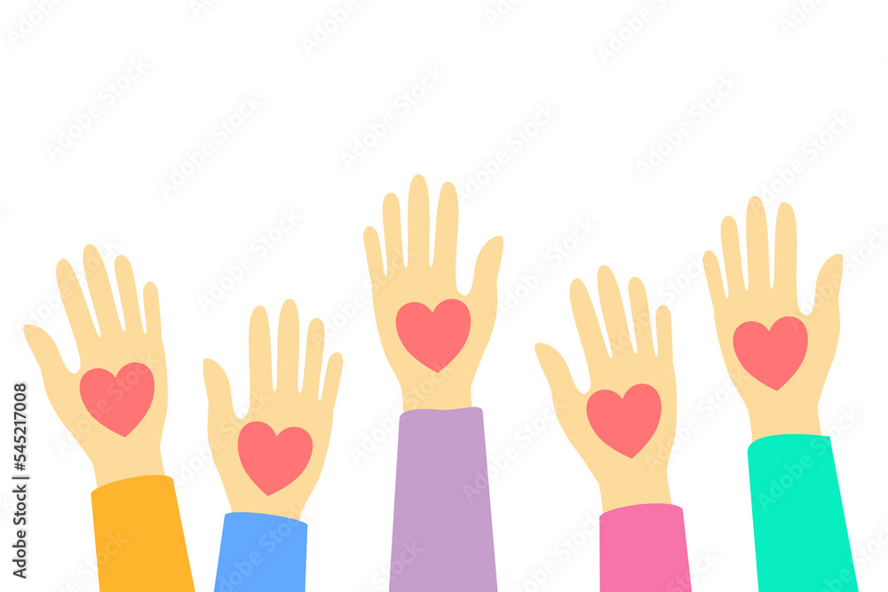 human hands volunteer with hearts isolate on transparent background.