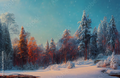 Forest during winter time, white snow and ice covering the trees, cold temperature and snowy scenery 