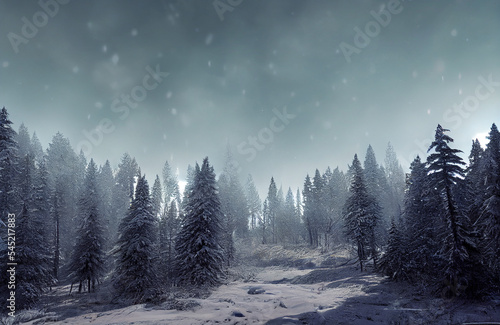 Forest during winter time, white snow and ice covering the trees, cold temperature and snowy scenery 