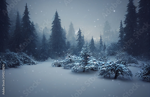 Forest during winter time, white snow and ice covering the trees, cold temperature and snowy scenery 