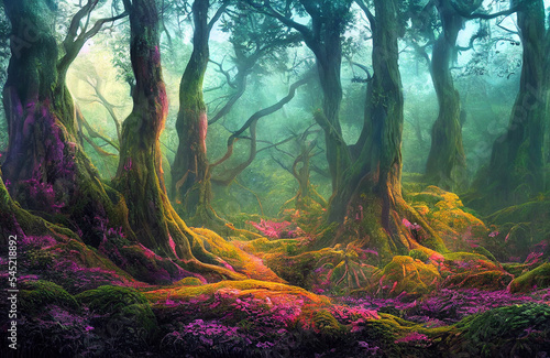 Magical forest in summer, beautiful nature scenery, colorful trees and roots, The scene of beautiful forest in a magical natural environment.
