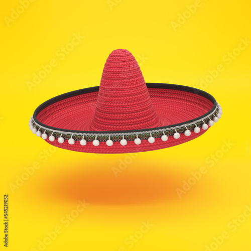 Hat red sombrero floating on a yellow background, 3d render