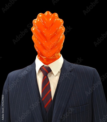 Fashion mannequin wearing a suit with a red abstract head