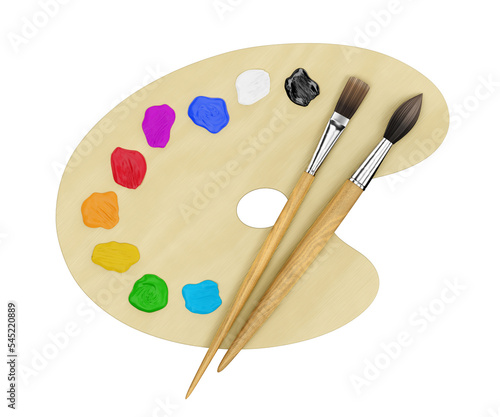 Art Painting Supplies. Set of artist's creative tools - a palette with paint drops and paintbrushes - isolated on transparent background. 3D rendering graphics.