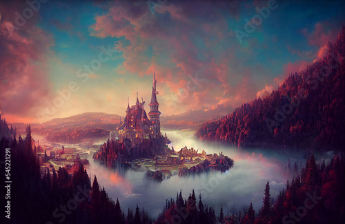 Fantasy land full of castles, towers and beautiful colorful scenery of a fairytale © Musashi_Collection