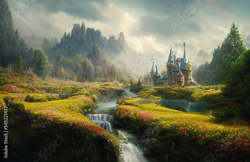 Fantasy land full of castles  towers and beautiful colorful scenery of a fairytale