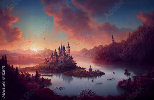 Fantasy land full of castles  towers and beautiful colorful scenery of a fairytale