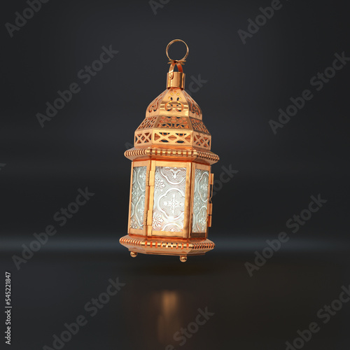 Golden glowing Arab lantern floating on a black background, 3d render photo