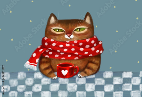 Fototapeta Naklejka Na Ścianę i Meble -  cute postcard illustration. funny cat with a mug of tea or coffee in his hands, wearing a scarf.