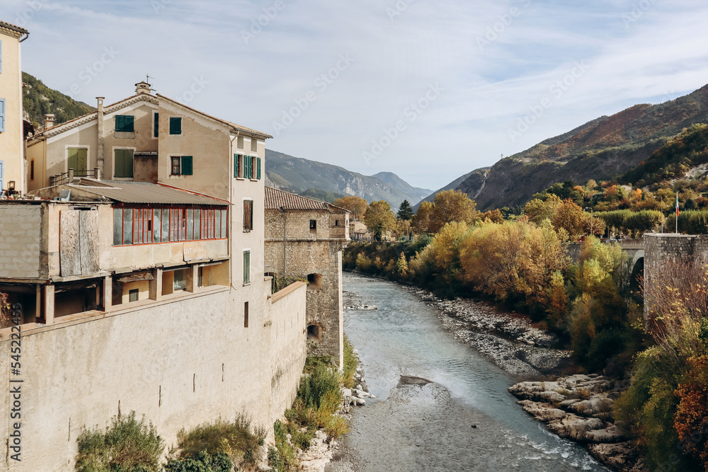 Entrevaux, France - 30.10.2022 : View of the medieval town of Entrevaux on an autumn day