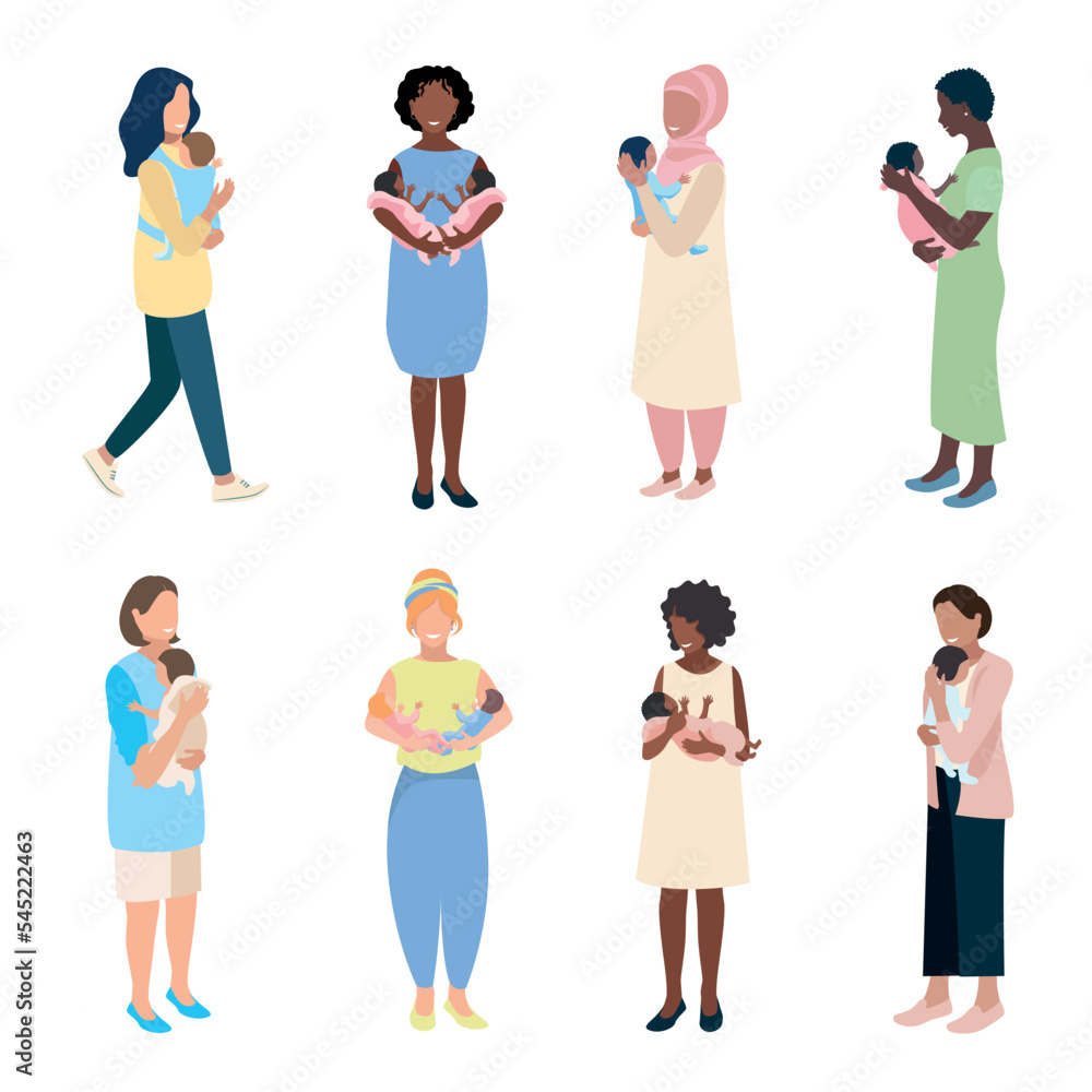 Obraz premium Loving mother with a baby in her arms after childbirth. The joy of motherhood. Love and care for children. Mothers Day. Set of vector illustrations.