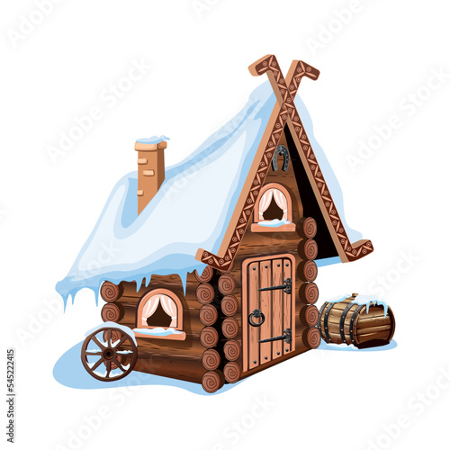 A fairy tale hut made of logs with a snow-covered roof, a stone chimney and a horseshoe for good luck. Old village house in winter. Vector illustration in cartoon style. Winter fairytale background.