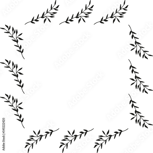 Square frame with doodle black branches on white background. Vector image.
