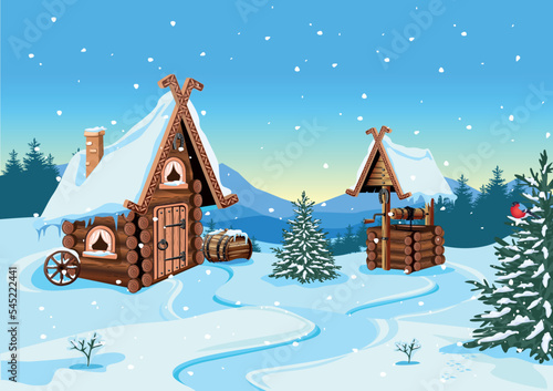 A fairy tale hut made of logs with a snow-covered roof and an old well with clean water. Old village house in winter. Vector illustration in cartoon style. Winter fairytale background.