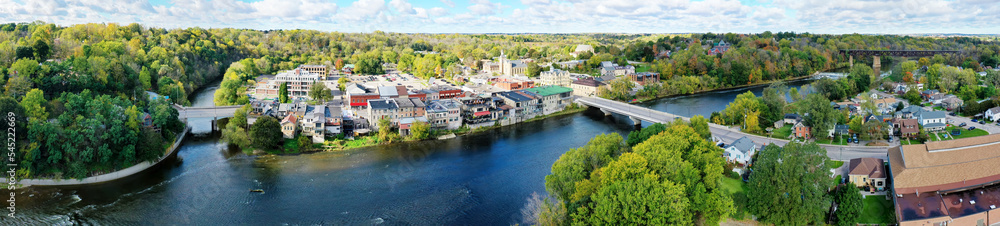 Aerial panorama view of Paris, Ontario, Canada in early autumn