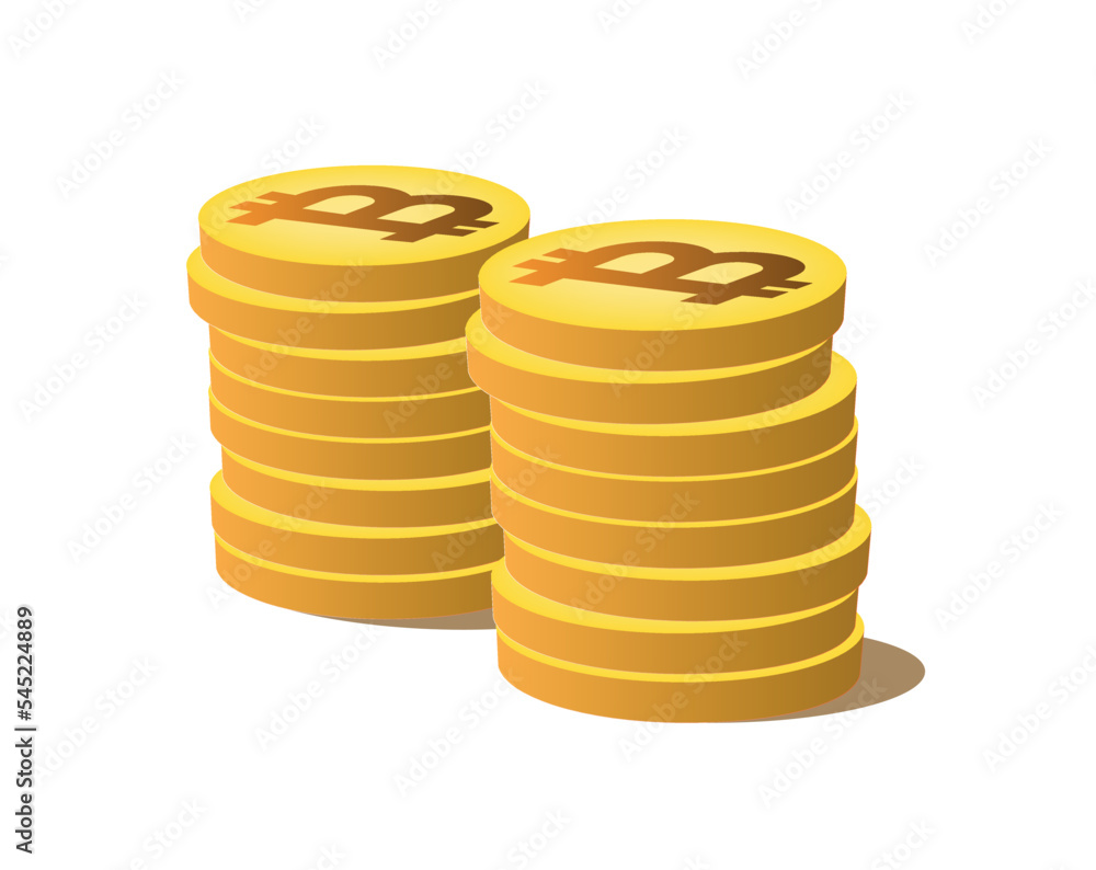 Two stacks of golden coins with bitcoin symbol Two stacks of golden coins with bitcoin symbol