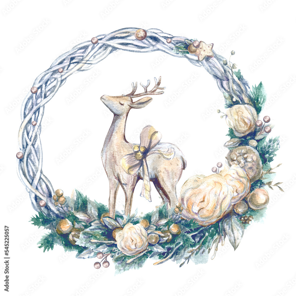 Fototapeta premium Watercolor Christmas wreath on transparent background. Pastel colors. A Deer and roses. Png.