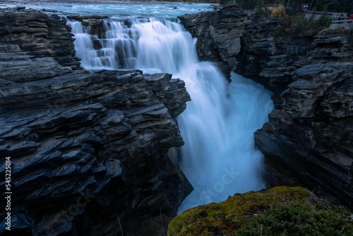 Long exposure shot of Athabasca Falls waterfall in Alberta, Canada photo