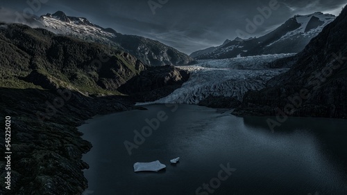 Aerial view of Mendenhall Glacier and lake in Juneau, Alaska, United States photo