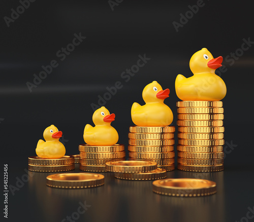 Print op canvas Yellow rubber ducks and stacks of gold coins, growth concept, 3d render