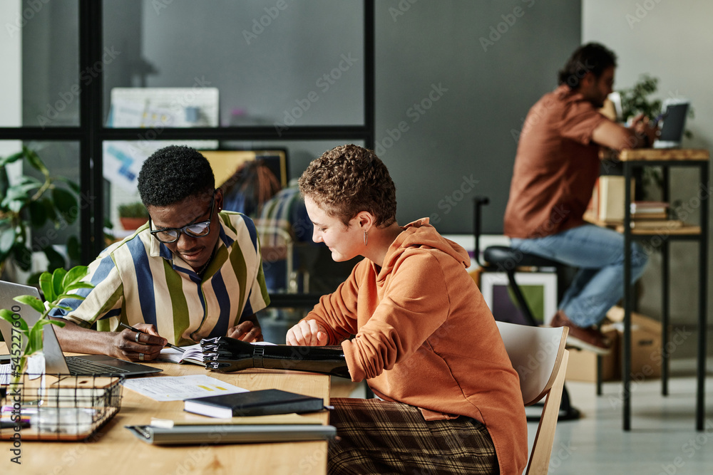 Two young intercultural interns discussing notes in copybook at working meeting while African American guy pointing at page - obrazy, fototapety, plakaty 