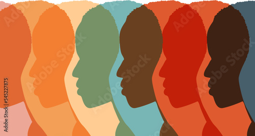 Heads faces colored silhouettes multicultural and multiethnic diversity male and female in profile