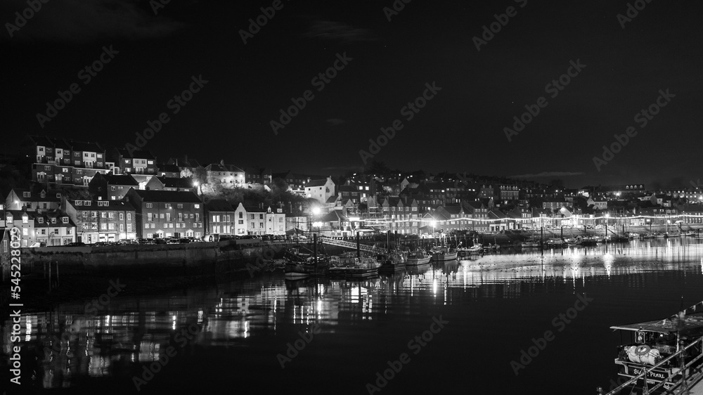 Black and white harbour skyline
