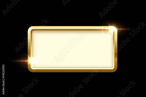 Gold rectangle button with frame vector illustration. 3d golden glossy elegant design for empty emblem, medal or badge, shiny and gradient light effect on plate isolated on black background