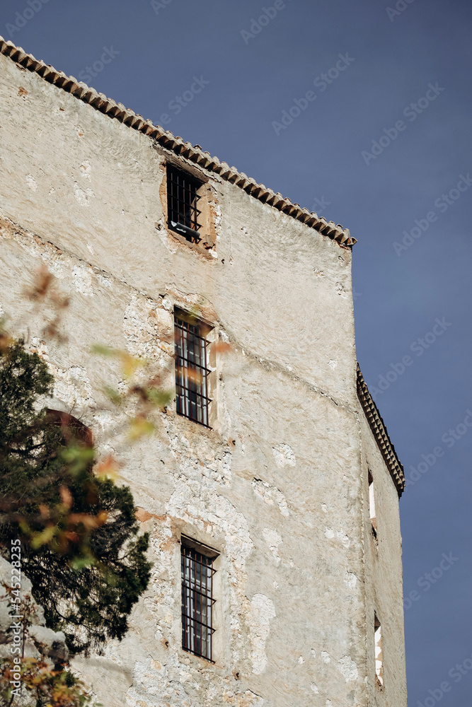 Facade of the ancient citadel on a rock in the French town of Entrevaux in Provence