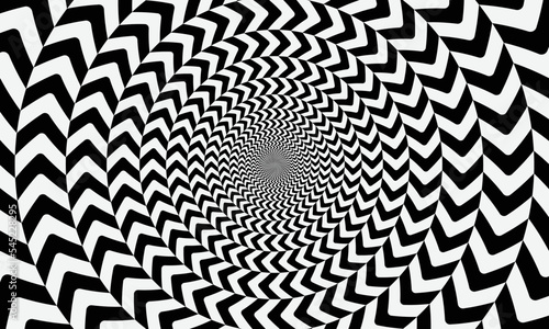 Geometric optical illusion design. Circle psychedelic pattern. White and black art background.