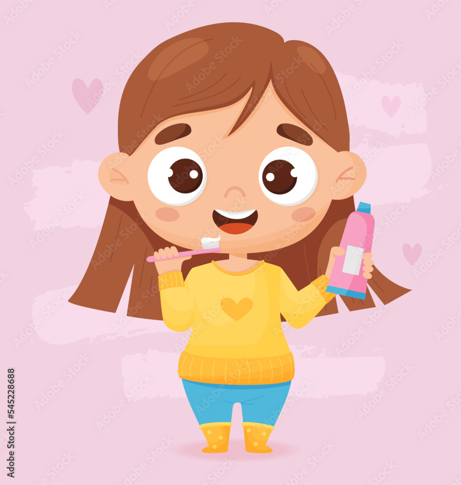Cute girl brushes her teeth. Concept of hygiene, personal care and beauty. Vector illustration in cartoon style for design, decor, print and kids collection, postcards and covers