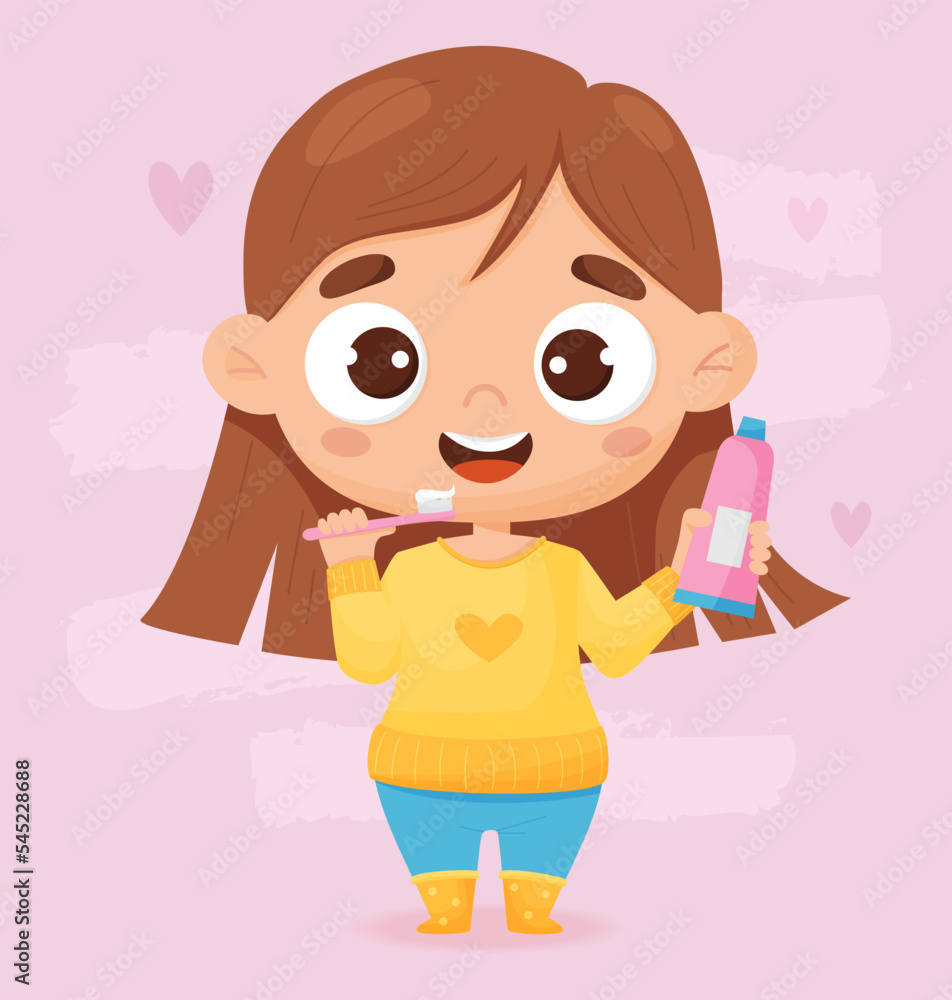 Cute girl brushes her teeth. Concept of hygiene, personal care and beauty. Vector illustration in cartoon style for design, decor, print and kids collection, postcards and covers Cute girl brushes her teeth. Concept of hygiene, personal care and beauty. Vector illustration in cartoon style for design, decor, print and kids collection, postcards and covers