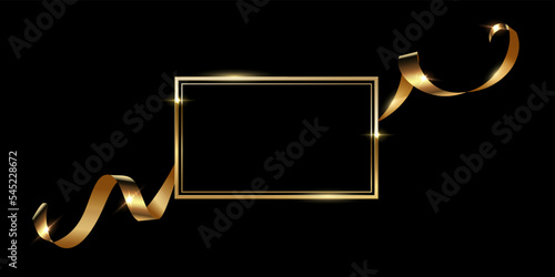 Gold frame with golden silk ribbon vector illustration. Realistic 3d vintage luxury banner for memorial awards ceremony, elegant frame invitation on black background