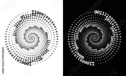 Abstract numbers one and zero in a spiral over a black and white backgrounds. Big data concept, logo icon or tattoo. The numbers 1 and 0 alternate randomly.