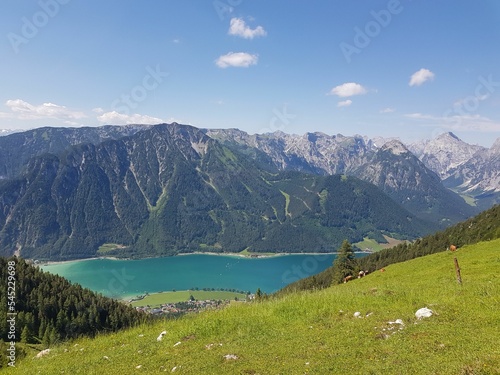 Picturesque view to Achen Lake and the Brandenberg Alps in Jenbach, Tyrol, Austria photo