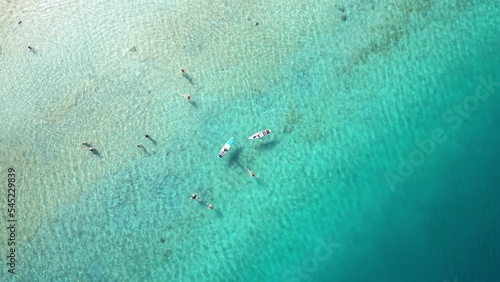 Aerial view of surfers on a calm sea during summer