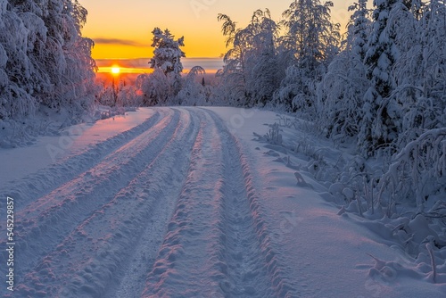Scenic shot of a snow-covered road in the woods with tire marks with the golden evening sunset sky