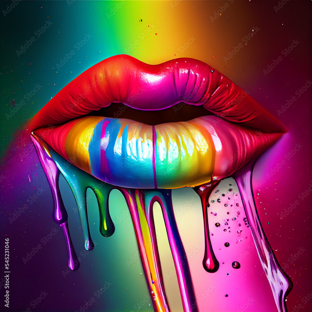 Sexy, juicy female lips covered with rainbow colored lipstick, wet paint, makeup. 3d