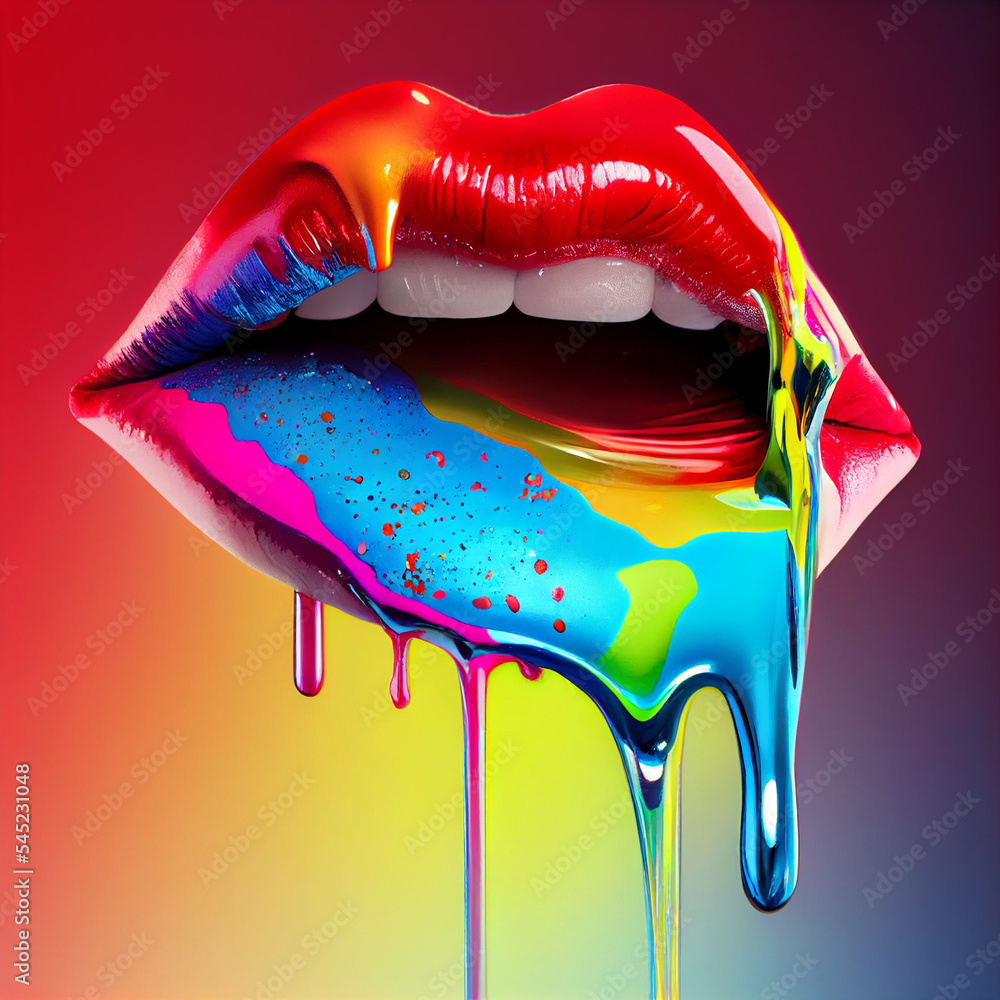 Sexy, juicy female lips covered with rainbow colored lipstick, wet paint, makeup. 3d