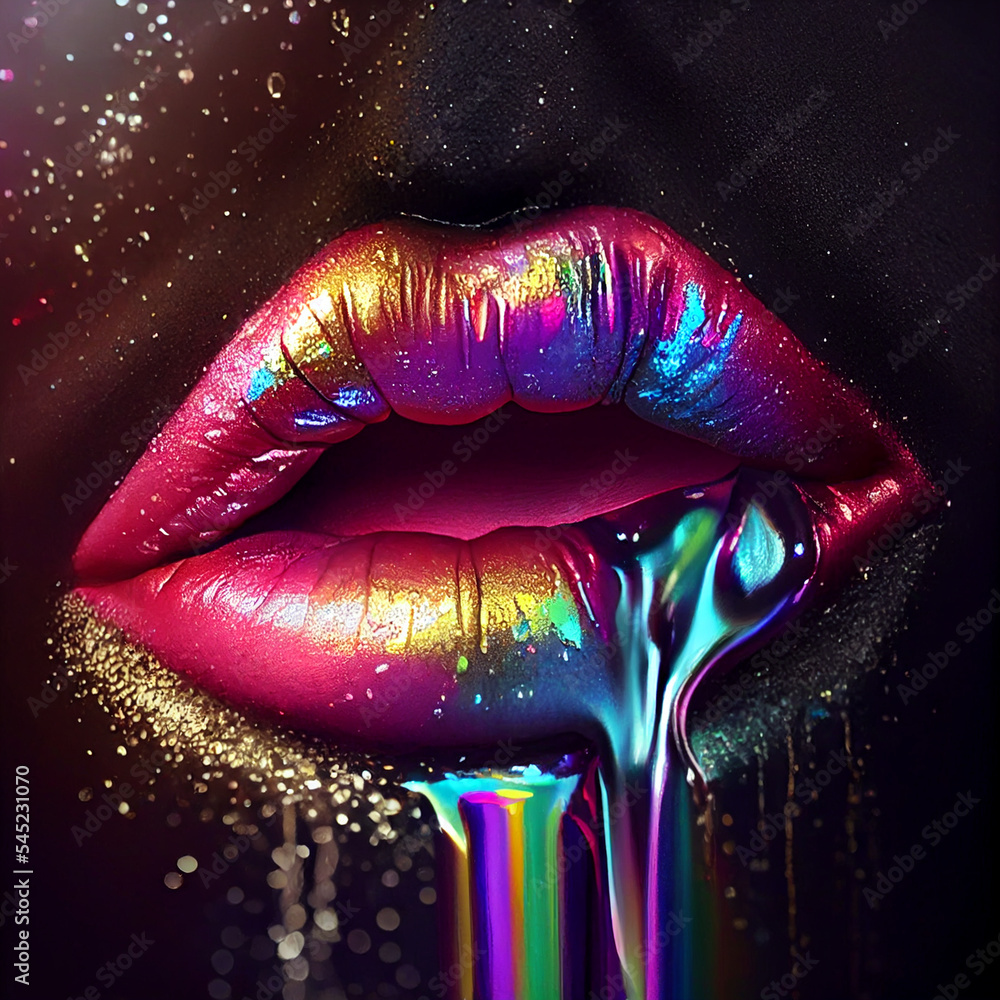 Sexy, juicy female lips covered with rainbow colored lipstick, wet paint, makeup. 3d