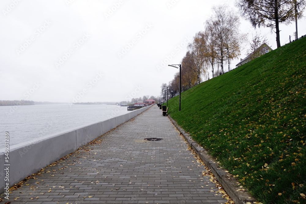 On the embankment of river Volga at Kimry, Russia, in October on a cloudy day
