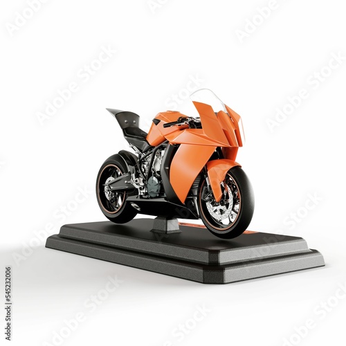 3D render of an orange motorcycle on a platform isolated on a white background