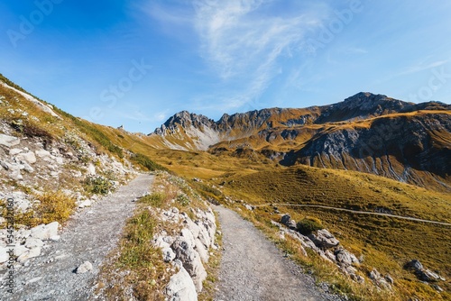 Scenic shot of hills, mountains, and trails in Vorarlberg, Austria