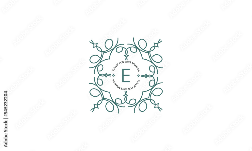 Decorative frame with vector ornament and letter E in center and place for text. Can be used for jewelry, beauty and fashion industries. Great for logo, emblem, background or any idea you want. Decorative frame with vector ornament and letter E in center and place for text. Can be used for jewelry, beauty and fashion industries. Great for logo, emblem, background or any idea you want.