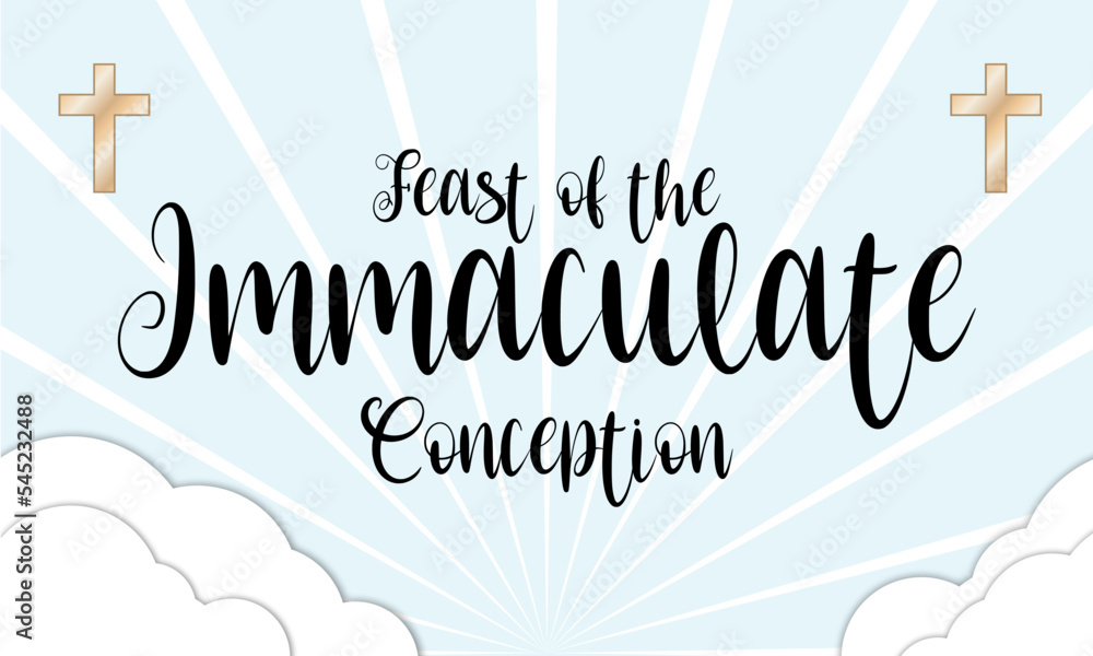 Feast of the Immaculate Conception illustration. Blessed Virgin Mary in heaven icon. Saint Mary and blue sky illustration. Immaculate Conception Day Poster, December 8. Important day