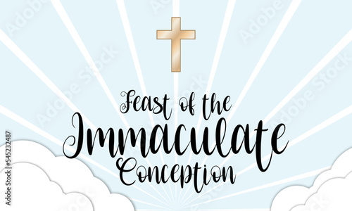 Feast of the Immaculate Conception illustration. Blessed Virgin Mary in heaven icon. Saint Mary and blue sky illustration. Immaculate Conception Day Poster, December 8. Important day
